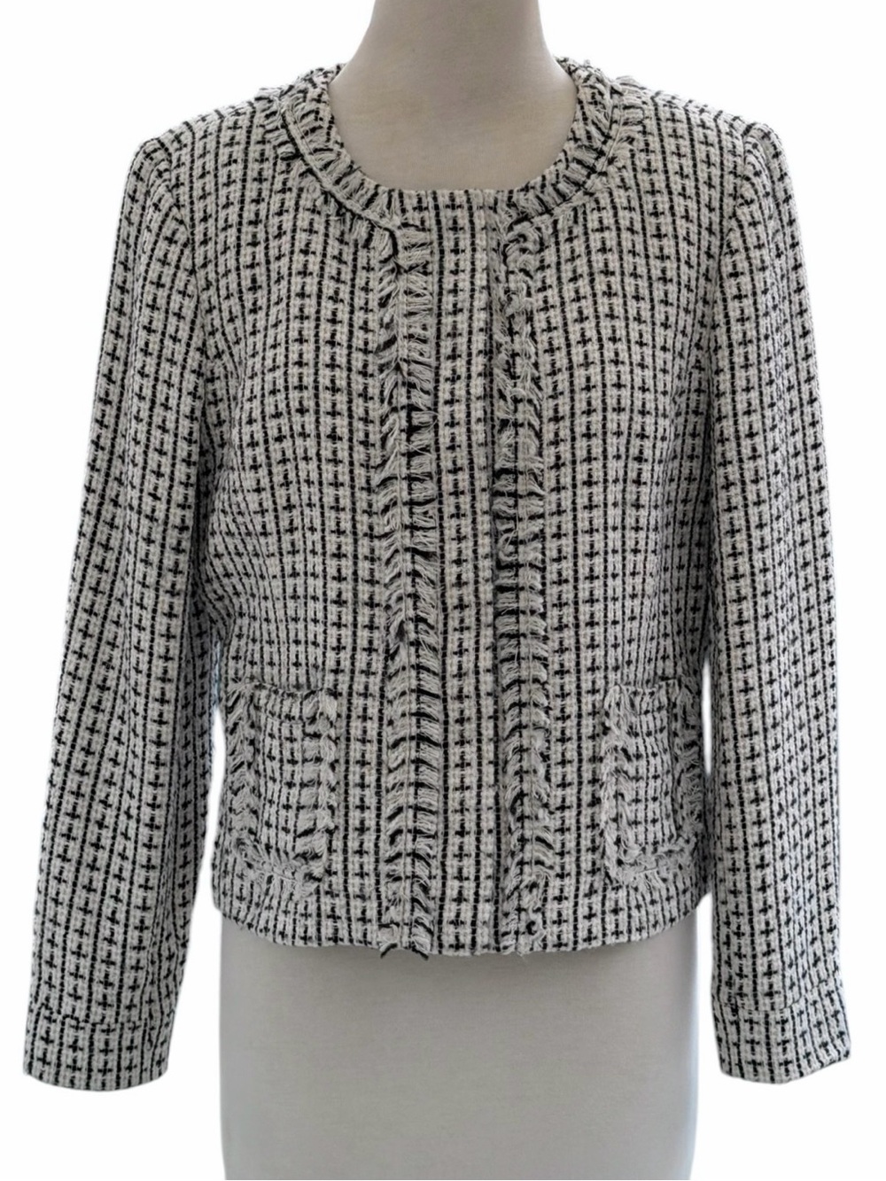 Apostrophe Black and White Textured Tweed Fringe Trim Cropped Zip Blazer, 14P